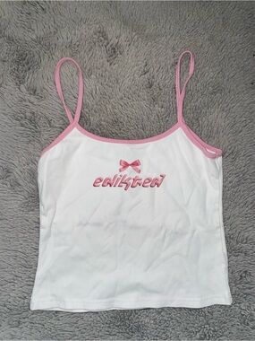 Edikted White Cami with Pink Trim & Bow Logo